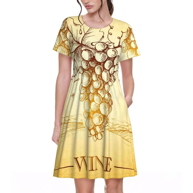 Bixox Robe d'Été à Manches Courtes pour Femmes Robe Ample Longueur Genou avec Poches-Bunch of Raisins
