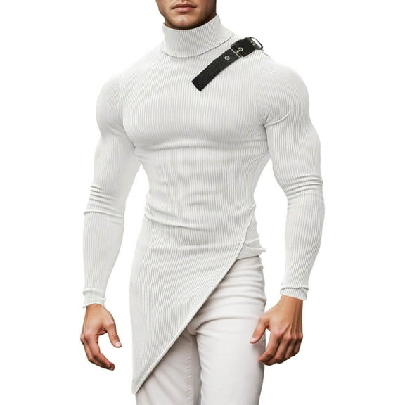 khonts,Men's Irregular Design Long Sleeve T-Shirt Slim Turtleneck Asymmetric Hem Slim Fitted Punk Tight Tops White XL