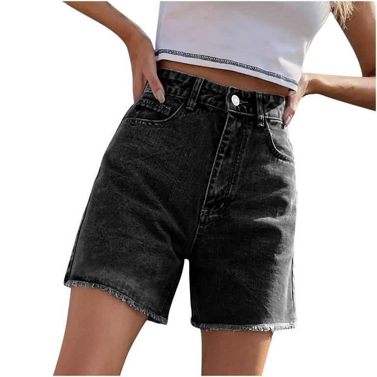 RQYYD Reduced Women's High Waist Denim Shorts Straight Leg Raw Hem Jean  Shorts Summer Tassels Hot Pants with Pockets Black S 