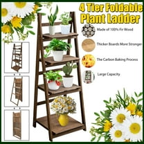Dazone Foldable Plant Stand Shelf, Indoor Flower Pot Holder Ladder, Folding A Frame Display Patio Rustic Wood Shelves, 4 Tier Stand Outdoor Bookshelf, Free Standing (Brown)