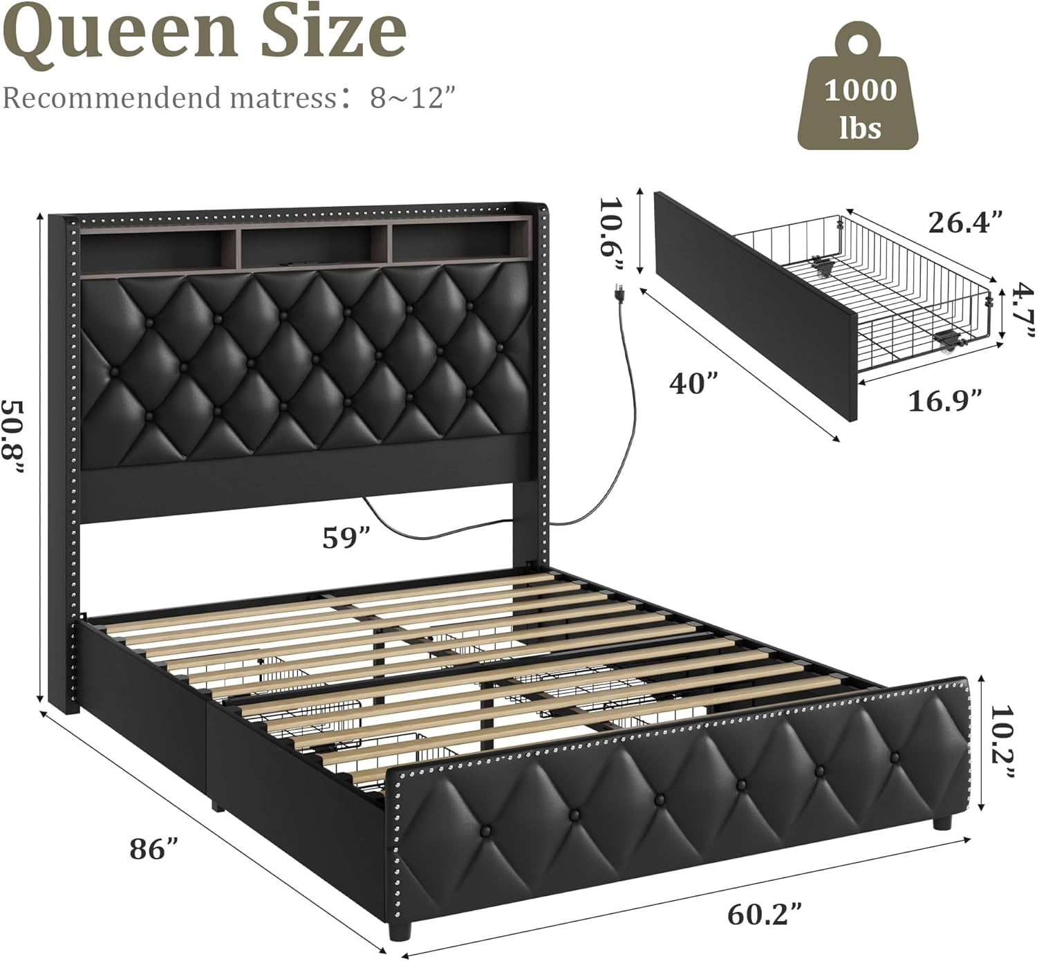 Memoryfield PU Leather Platform Bedframe with 4 Storage Drawers & USB Charging Station, Queen Size Bed Frame, No Box Spring Needed, Easy Assembly, Black