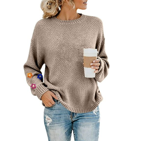Women's Crochet Cuff Sweater, Long Sleeve Crewneck Pullover with Embroidered Wrist Detail, Boho Chic Knit Top, Artisan Style Crochet Accent Blouse for Women Beige L