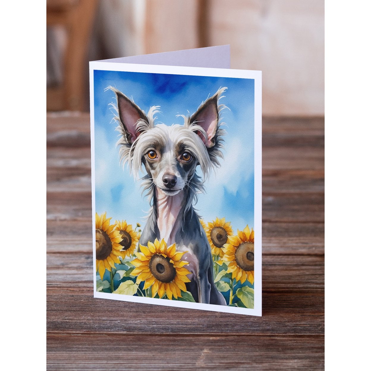 Chinese Crested in Sunflowers Greeting Cards Pack of 8 7 in x 5 in