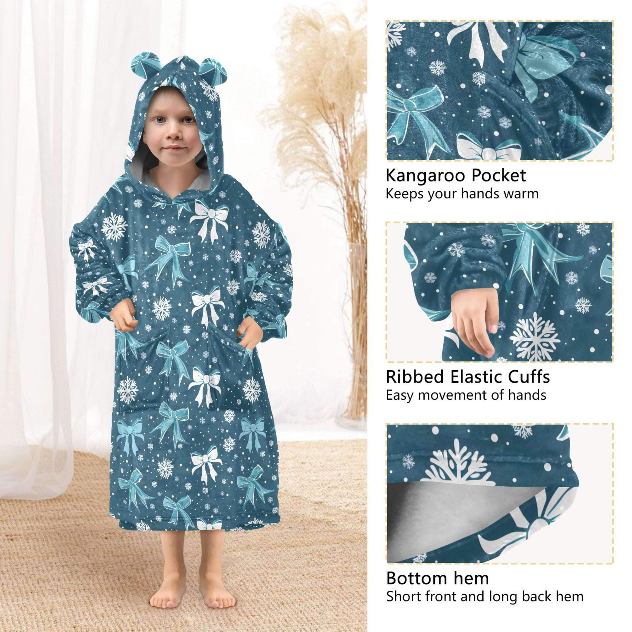 Wearable Blanket Hoodie for Kids White Blue Bow Snowflakes Flannel Hooded Blanket with Pockets and Sleeves Suitable for Boys and Girls