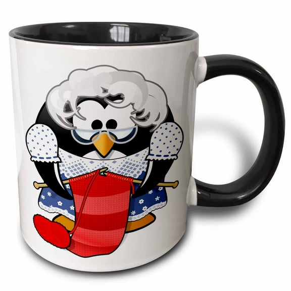 3drose, Grandma Penguin Knitting Illustration, 11oz Two-tone Black Mug