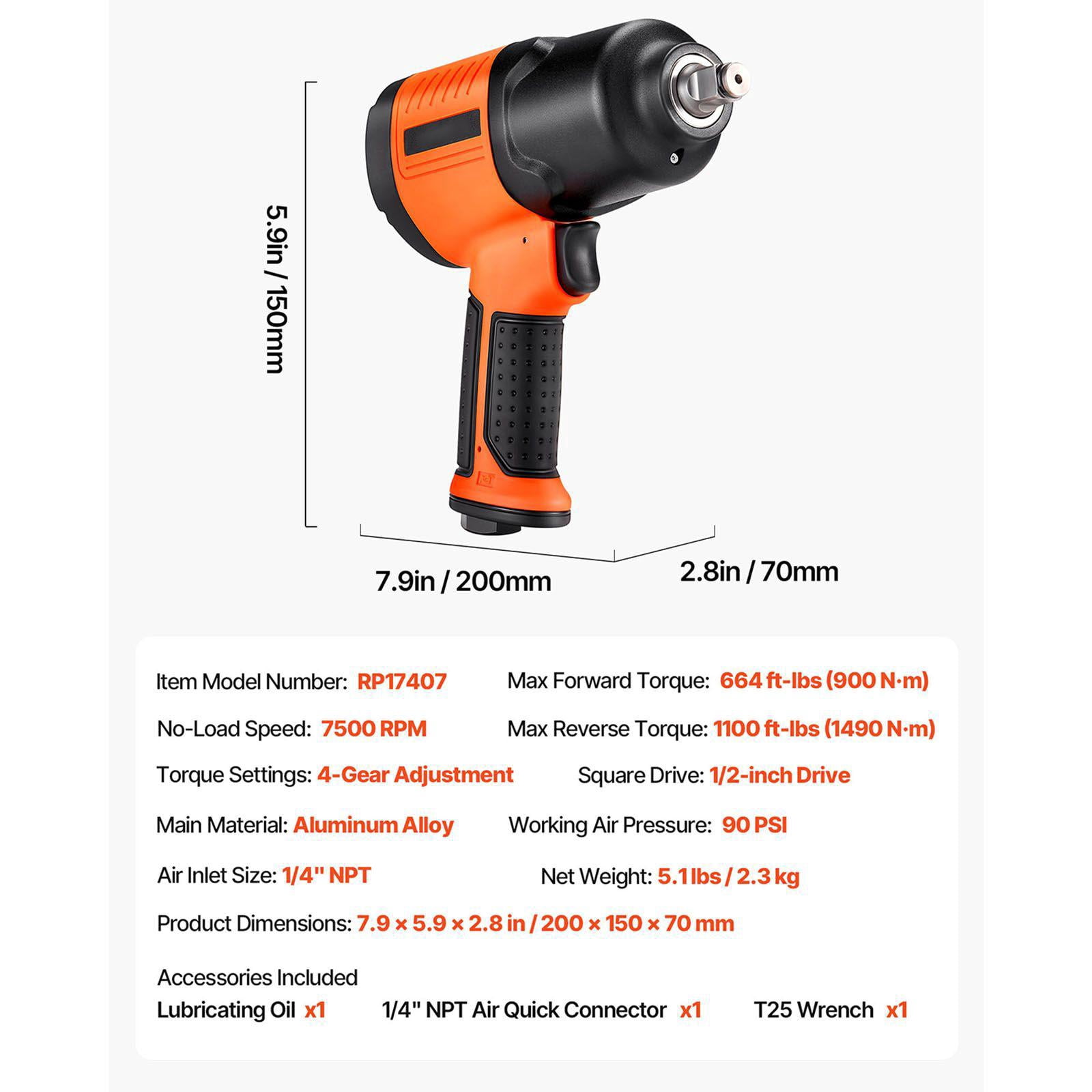Pneumatic Impact Wrench 1/2 Inch Drive 1100 Ft Lb Reverse Torque 7500 RPM 4 Speed Adjustable Lightweight Portable Automotive Repair Maintenance