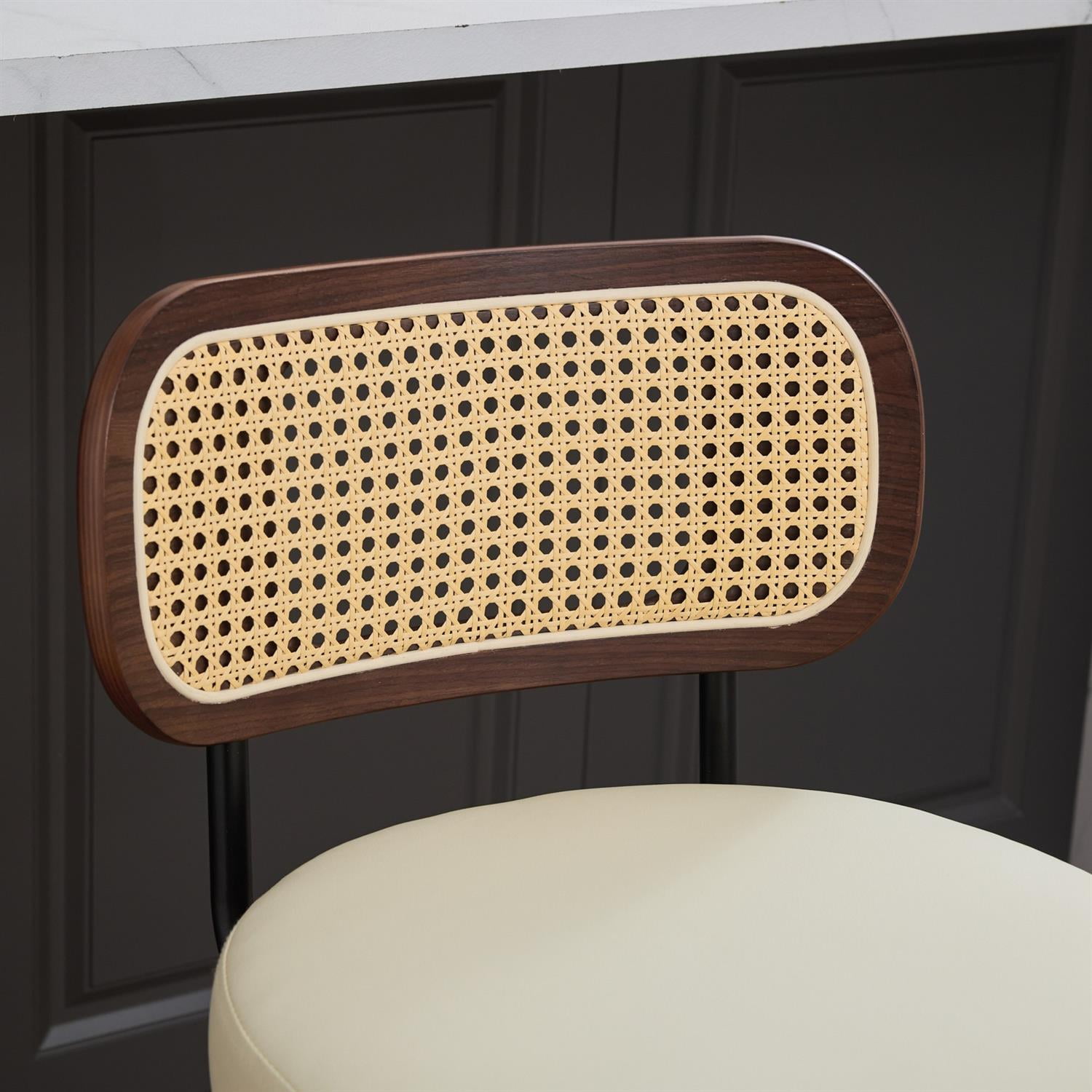 Demi Bonn 35" Swivel Bar Stools Set of 3 with Upholstered Faux Leather, Rattan Back & Bentwood Legs, Counter Height Stools for Kitchen or Bar Seating, Beige