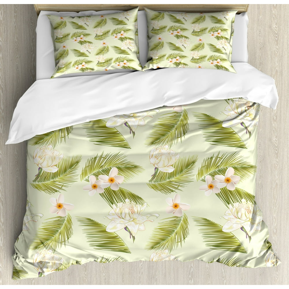Leaves Duvet Cover Set King Size, Repetitive Tropical Blossoms
