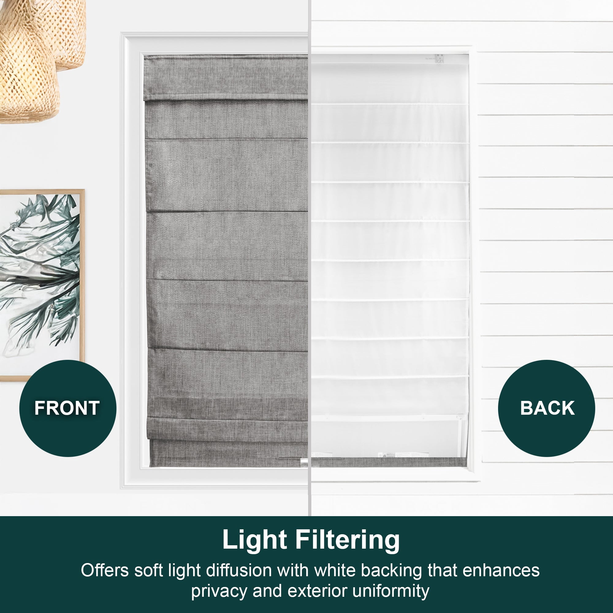 Chicology Cordless Roman Shade, Light Filtering, Belgian Denim, 35"W X 64"H