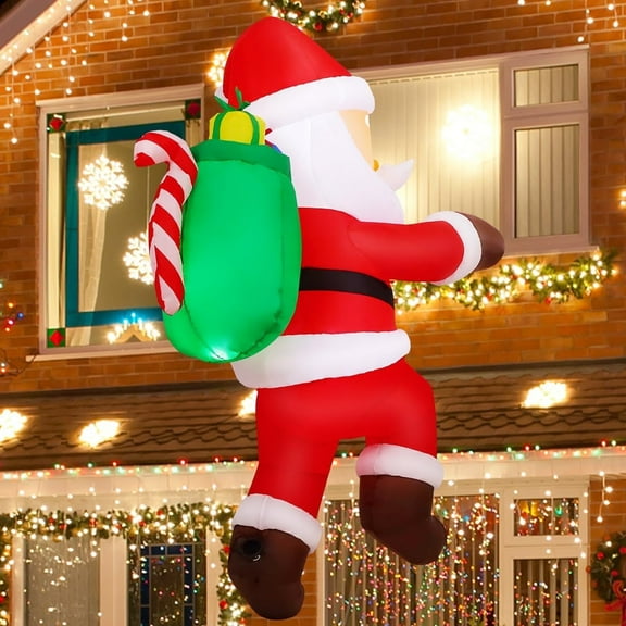 GOOSH Christmas Inflatables 6.2 FT Inflatable Santa Claus with Built-in LED Lights, Cute Blow up Santa Climbing to The Roof with Present Bag, Outdoor Christmas Decorations for Xmas Holiday Party