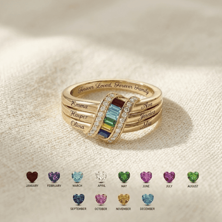 Personalized Six Birthstone Name Ring | Ribbon Wrap Family Birthstone Ring for Mother Daughter Jewelry | Sentimental Family Gift