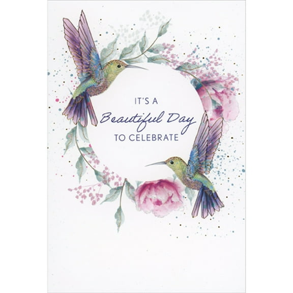 Pictura Two Gold Foil Lined Hummingbirds and Pastel Wreath Birthday Card