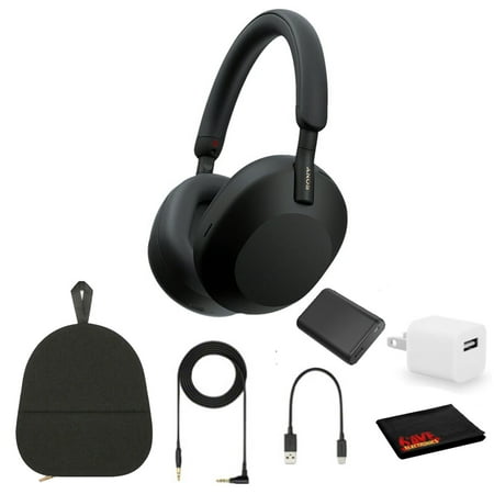 Sony WH-1000XM5 Noise-Canceling Wireless Over-Ear Headphones (Black), 30 Hours Playback Time, Hands-Free Calling, Alexa Voice Control - Kit with Charging Cube and Portable Charger