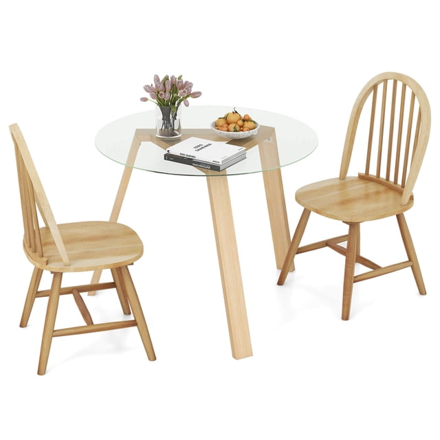 Costway 3 PCS Dining Set for 2 Round Table with 2 Chairs Solid Rubber Wood Frame Modern Beige