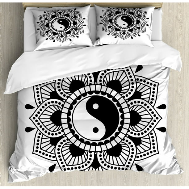 Black And White Duvet Cover Set Queen Size Chinese Lotus Flower Inspired Graphic Mandala With Yin