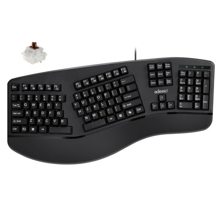 ADESSO EasyTouch 150 Ergonomic Wired Mechanical Keyboard with Cherry MX Brown Switches, Integrated Palm Rest, Dedicated Copilot AI Hotkey, Full-Sized Layout with Numeric Pad for Comfortable Typing