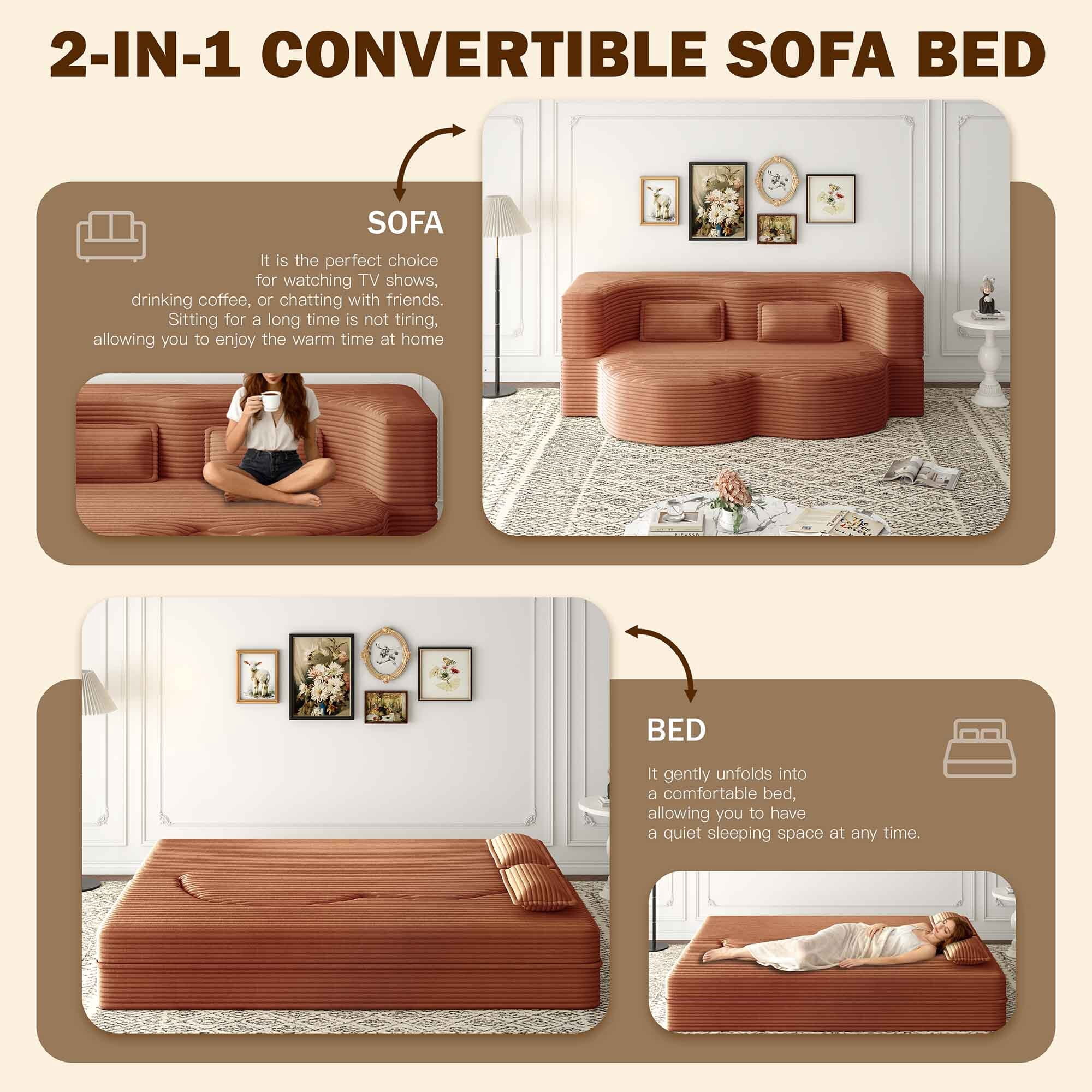 Lunale Full Size Convertible Sofa Bed, Boneless Cloud Couch, Folding Floor Sleeper Sofa for Living Room, Orange Corduroy
