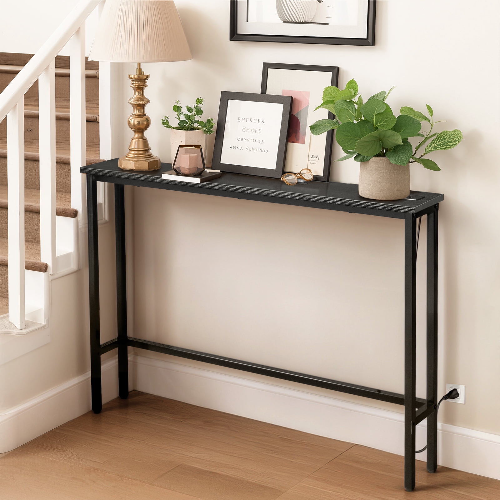 39.4in Narrow Console Sofa Table with Power Outlets and USB Ports, Skinny Couch Table with Metal Frame and Charge Station with 4.9ft Extension Cord, Black