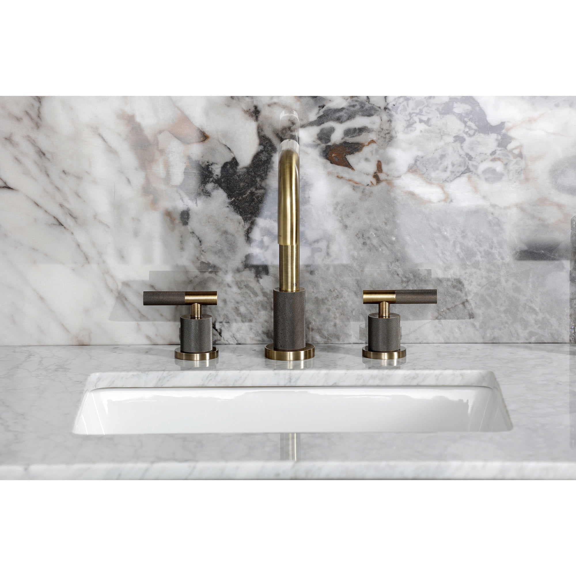 Kingston Brass FSC893KNLAB Convergent Two-Handle 3-Hole Deck Mount Widespread Bathroom Faucet with Knurled Handle and Brass Pop-Up in Antique Brass