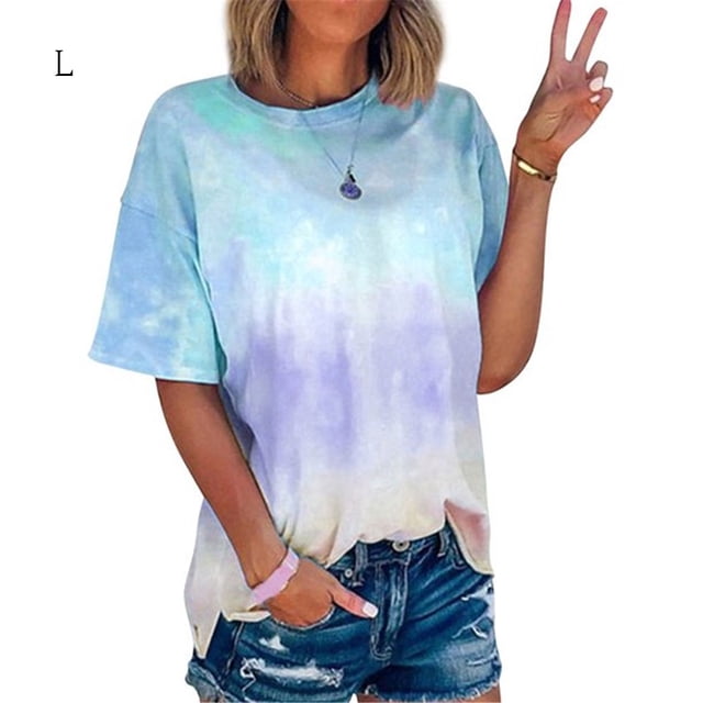 Camiseta de mujer Tie Dyed Causal Top Blusa de cuello redondo de manga corta, azul, L Methold AP001629-14