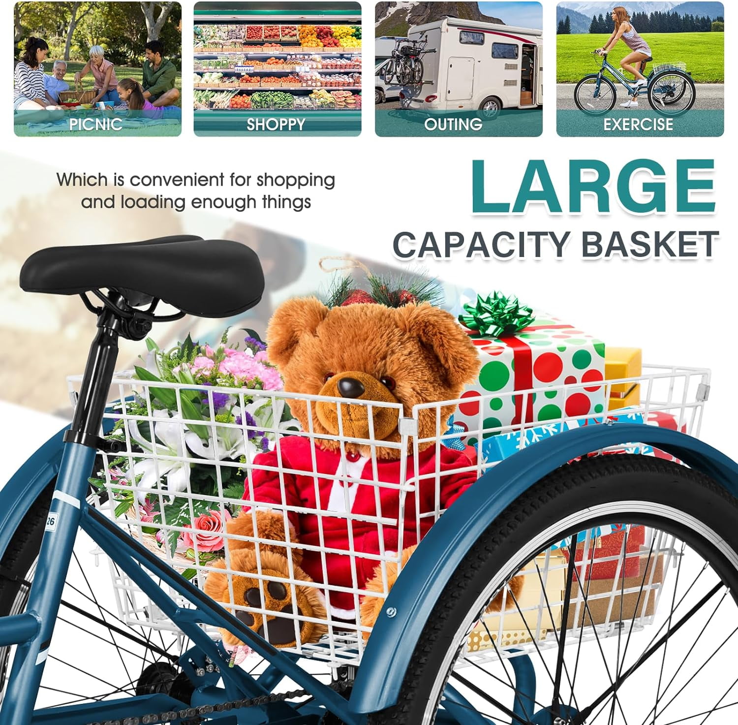 Mooncool Mountain Tricycle for Adults, 7 Speed Three Wheel Bike, 24/26/27.5 Inch Adults Trikes with Shopping Basket, Exercise Men's Women's Tricycles