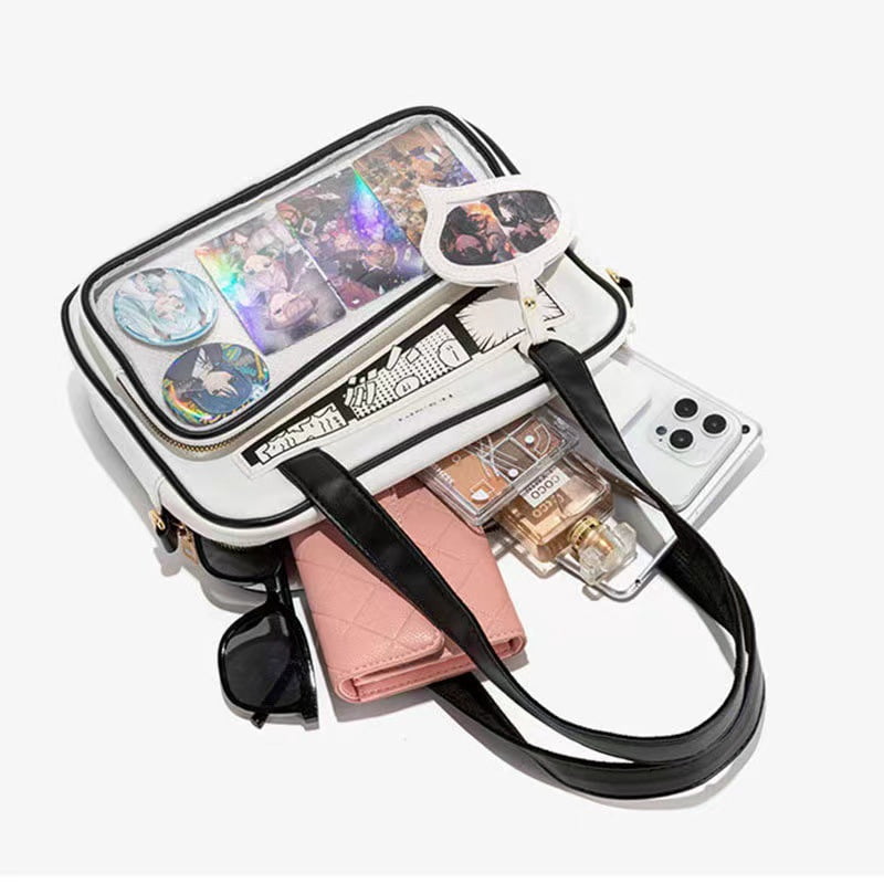 Japanese Kawaii Ita Crossbody Bag - Clear Polyester Messenger Purse, Small Tote with Adjustable Strap & Cute Pendant