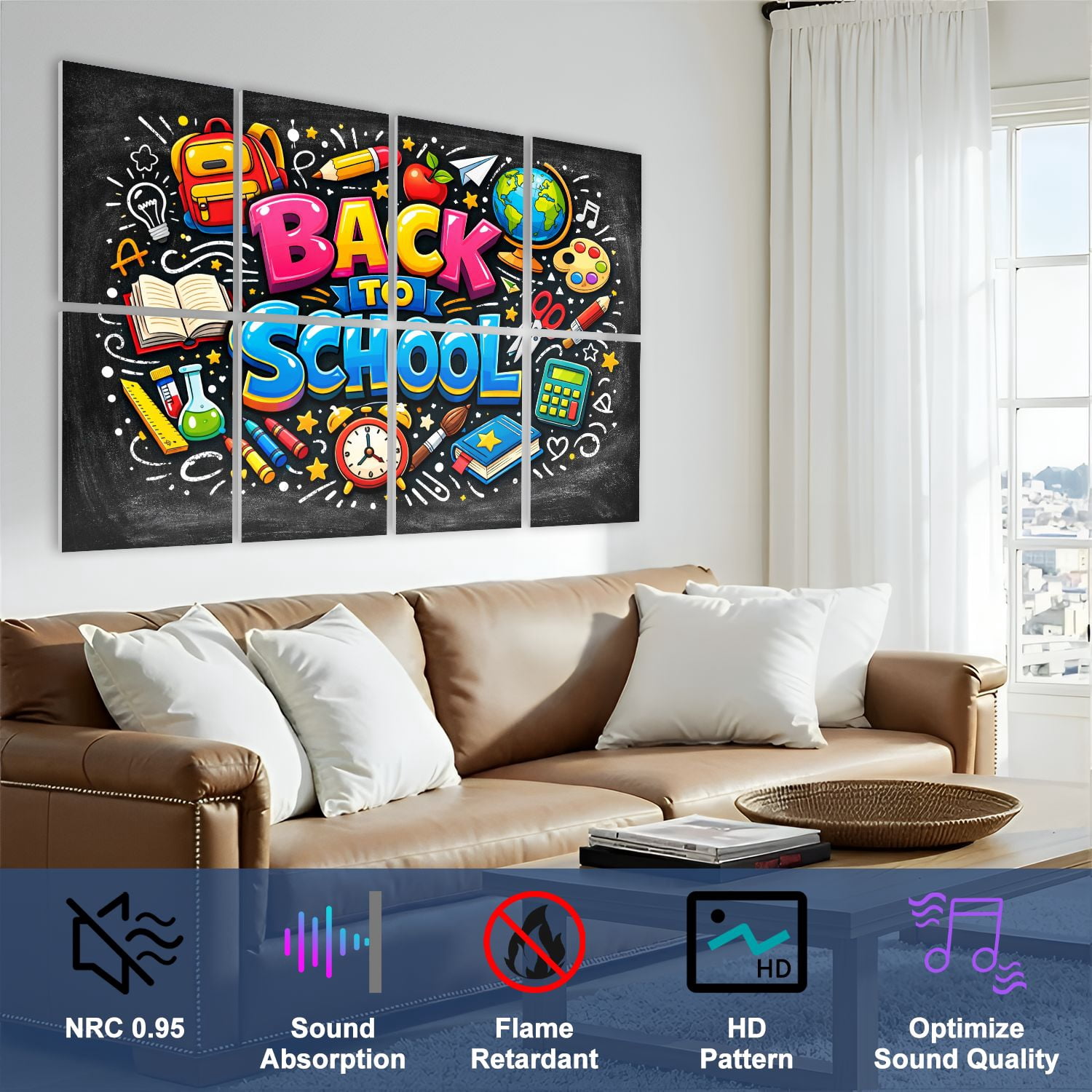 Classroom 8 Pack Art Acoustic Panels Sound Absorbing Colorful Back to School School Supplies Fun Elements Decorative Soundproof Wall Panels Self Adhesive for Nursery Kids Game Room 48"x32"