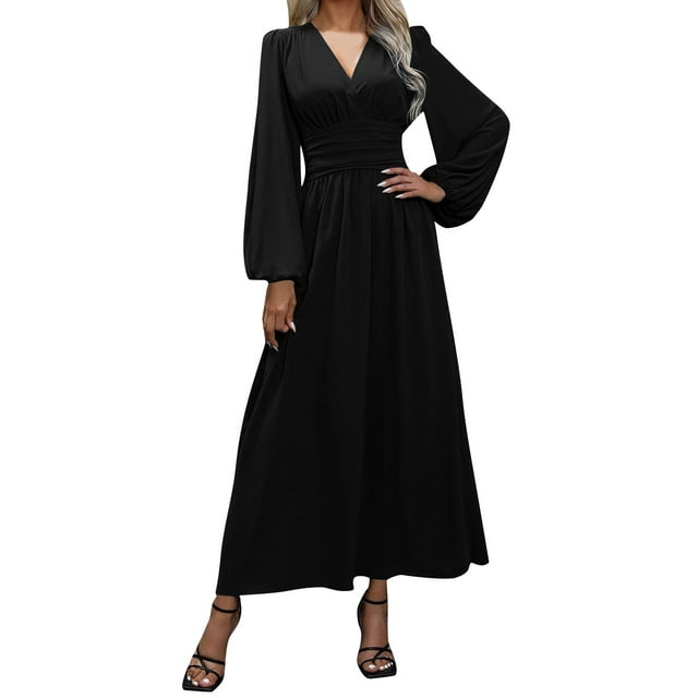 Vestido elegante largo hasta el suelo para mujer: manga larga, abertura alta, poliéster/spandex, formal: boda/fiesta, tallas S-XXL