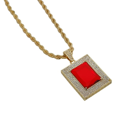 Square Created Ruby Pendant Gold-Plated Iced Out Hip Hop Bling Large Created Ruby Square Pendant and Rope Chain 24
