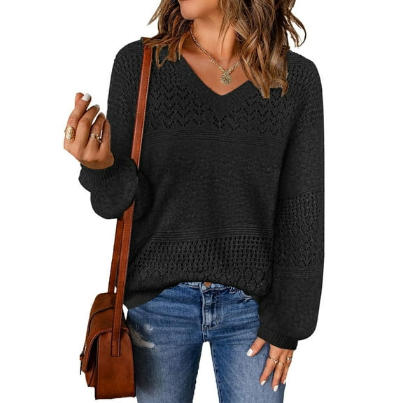 Women Knit Sweaters Fall V Neck Long Sleeve Pullover Casual Loose Sweater Black S