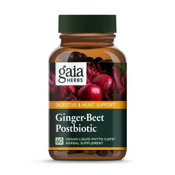 Gaia Herbs Ginger-Beet Postbiotic - Supplement for Gut & Heart Health Support - Made with Organic Fermented Beets & Ginger - Free from Dairy, Soy & Gluten - 60 Vegan Capsules (30 Servings)