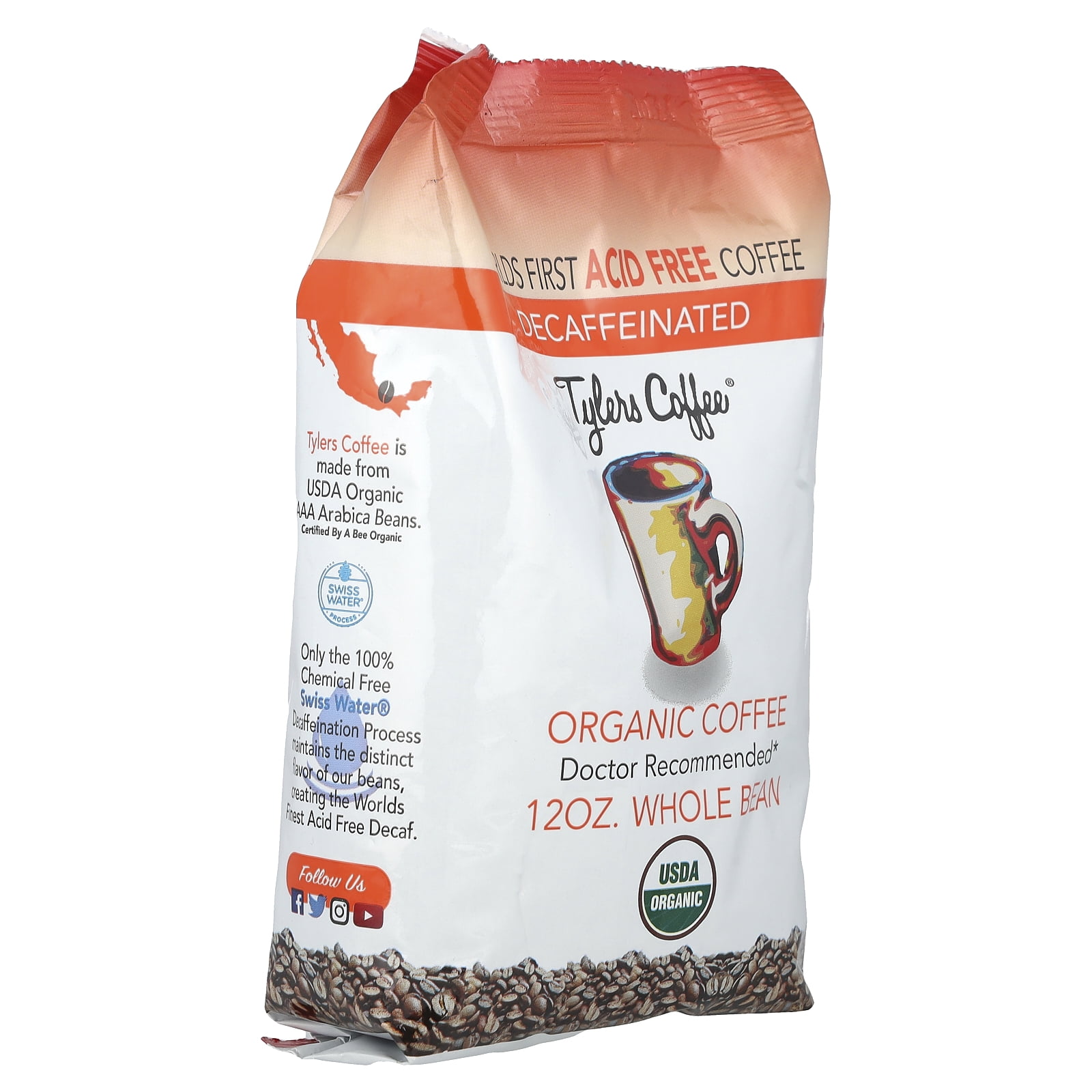 Tylers Coffees Organic Coffee, Whole Bean, Decaffeinated, 12 oz