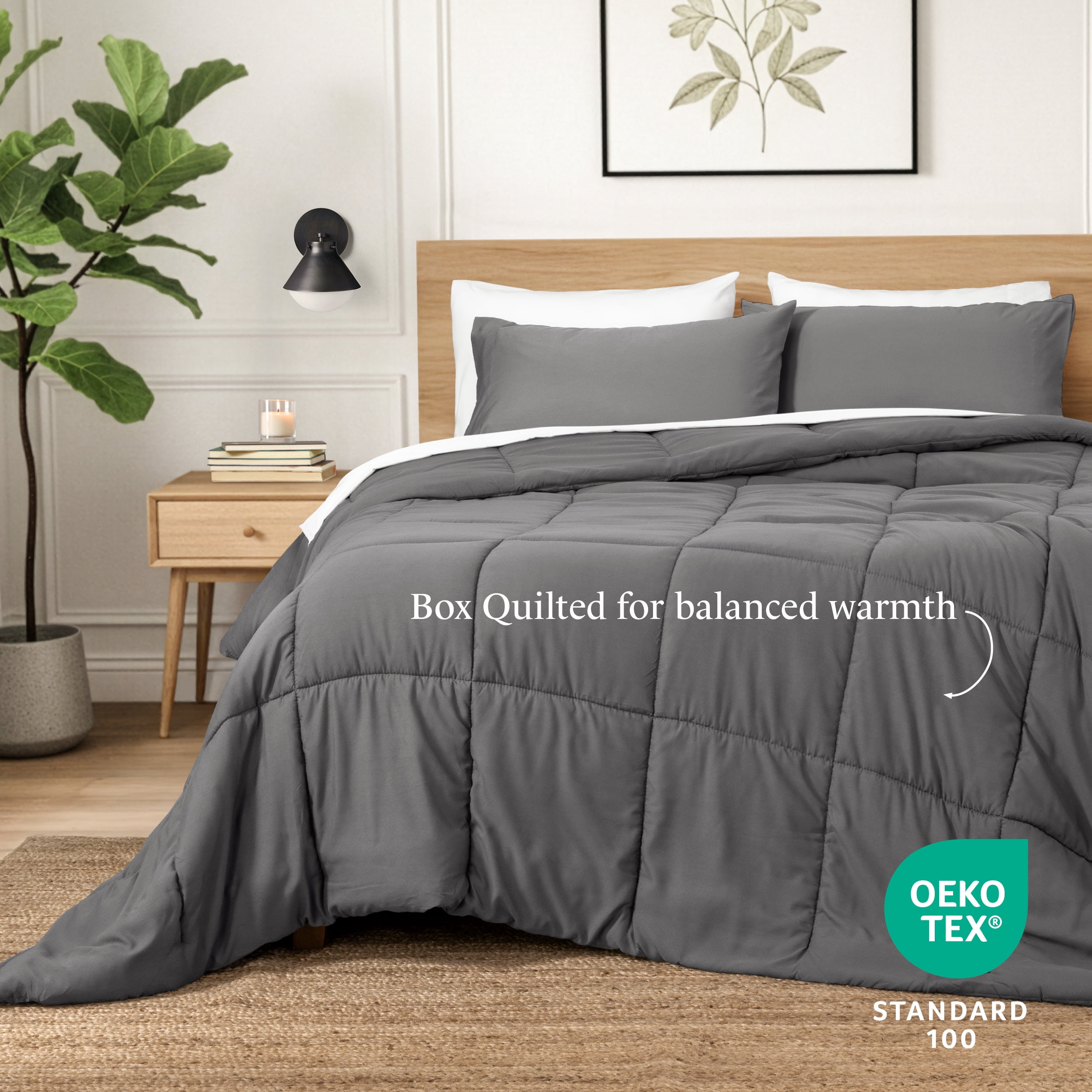 Ivy Union Comforter Set - Box Stitch - Easy Care Ultra-Soft Microfiber - All Season Warmth - Bedding Comforter - Cal King - Grey
