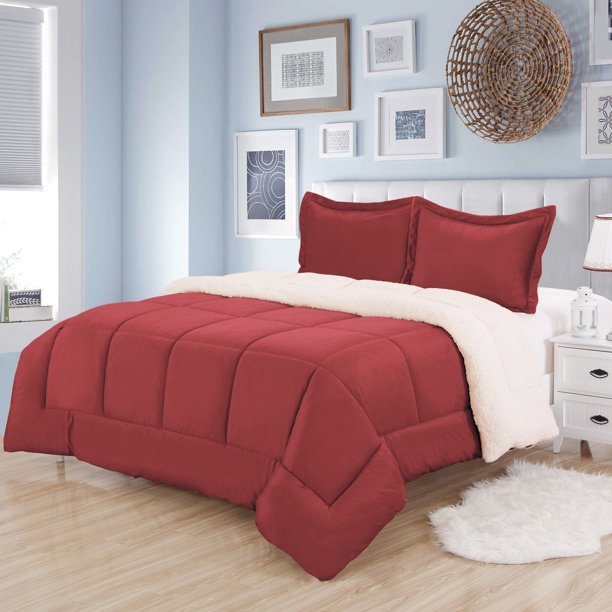 Sweet Home Collection 3 Piece Sherpa Comforter Set Twin Burgundy