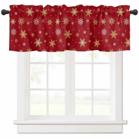 Christmas Gold Valances for Windows, and White Snowflake Red Light Filtering Window Treatment Valances, Rod Pocket Small Curtains for Kitchen/Bathroom, 42"x18"