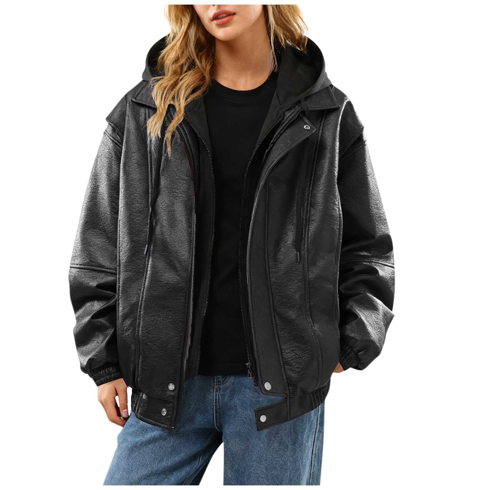 Uootdi Cropped Leather Jacket for Women Vintage Style Motorcycle Bomber Jacket Faux Leather Lapel Neck Zip Up Long Sleeve Coats Fall Going Out Jackets
