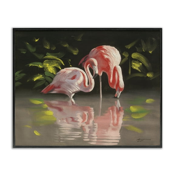 Stupell Industries Flamingos with Pond Reflection Animals & Insects Painting Black Framed Art Print Wall Art, 14 x 11