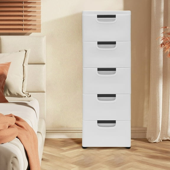5 Drawers Storage Cabinet with Wheels, Stackable Floor Standing Storage Tower Tall Dresser Chest Closet Organizer Unit for Home Office