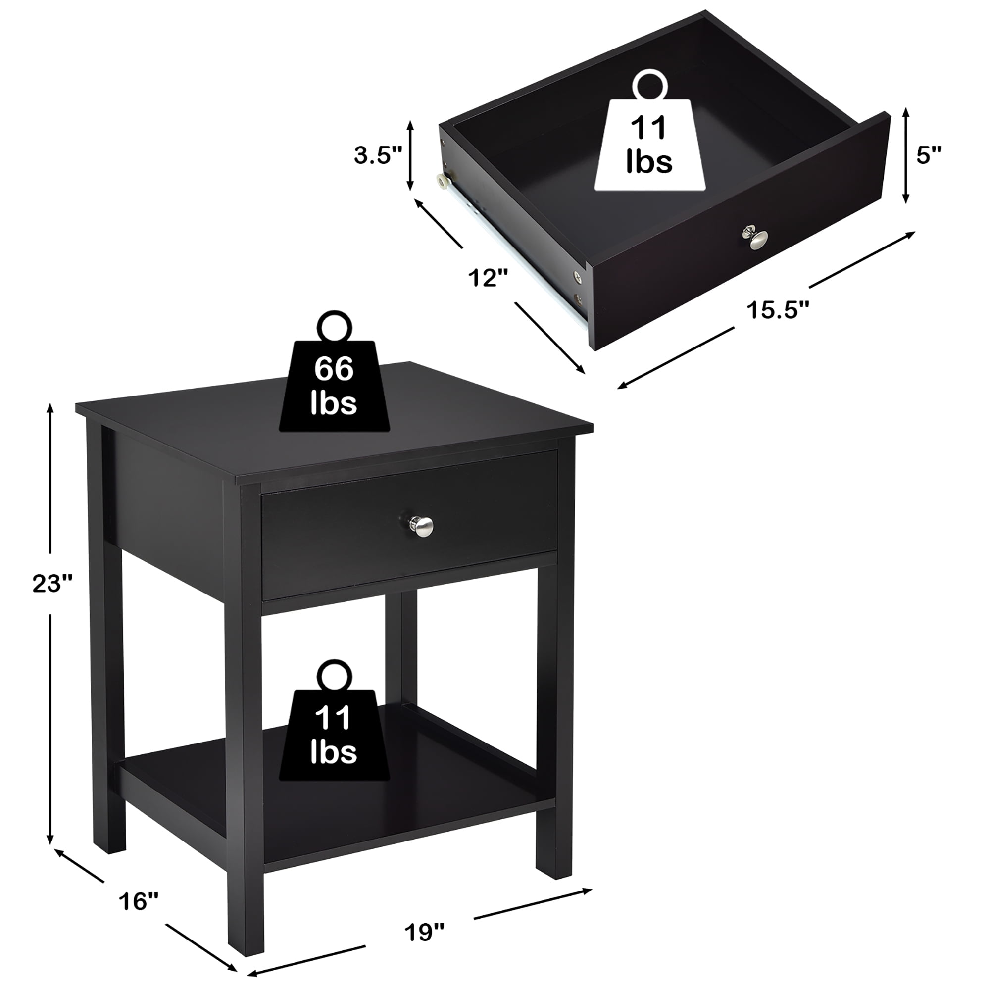 Costway Nightstand with Drawer Storage Shelf Wooden Bedside Sofa Side Table Black
