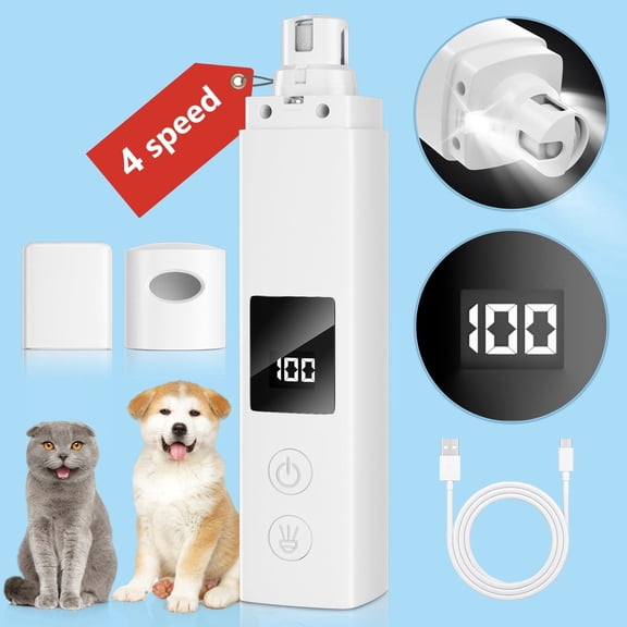 Dog Nai Grinder with 2 LED Light, 4 Speed Pet Nail Trimmer Quiet Painless Electric Nail Grinder for Small Medium Large Dogs with Dust Cap