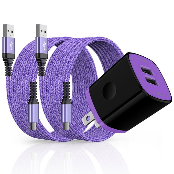USB Wall Charger Block, Hootek 2.1A Dual Port USB Charger Block with 2Pack Android Charging Cord Type C Cable USB C Charging Cables 10ft USB Brick Charger Box Fast Charging Block for Samsung, Purple