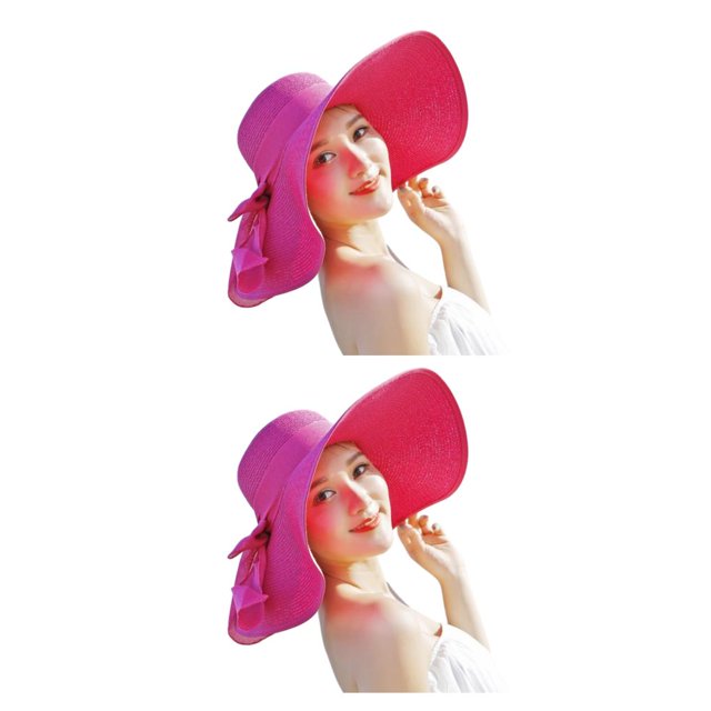 Qarigey Sombrero de paja Bowknot para mujer - Fácil de empacar Sombrero de paja ecológico para mujer Rosa roja 2Conjunto