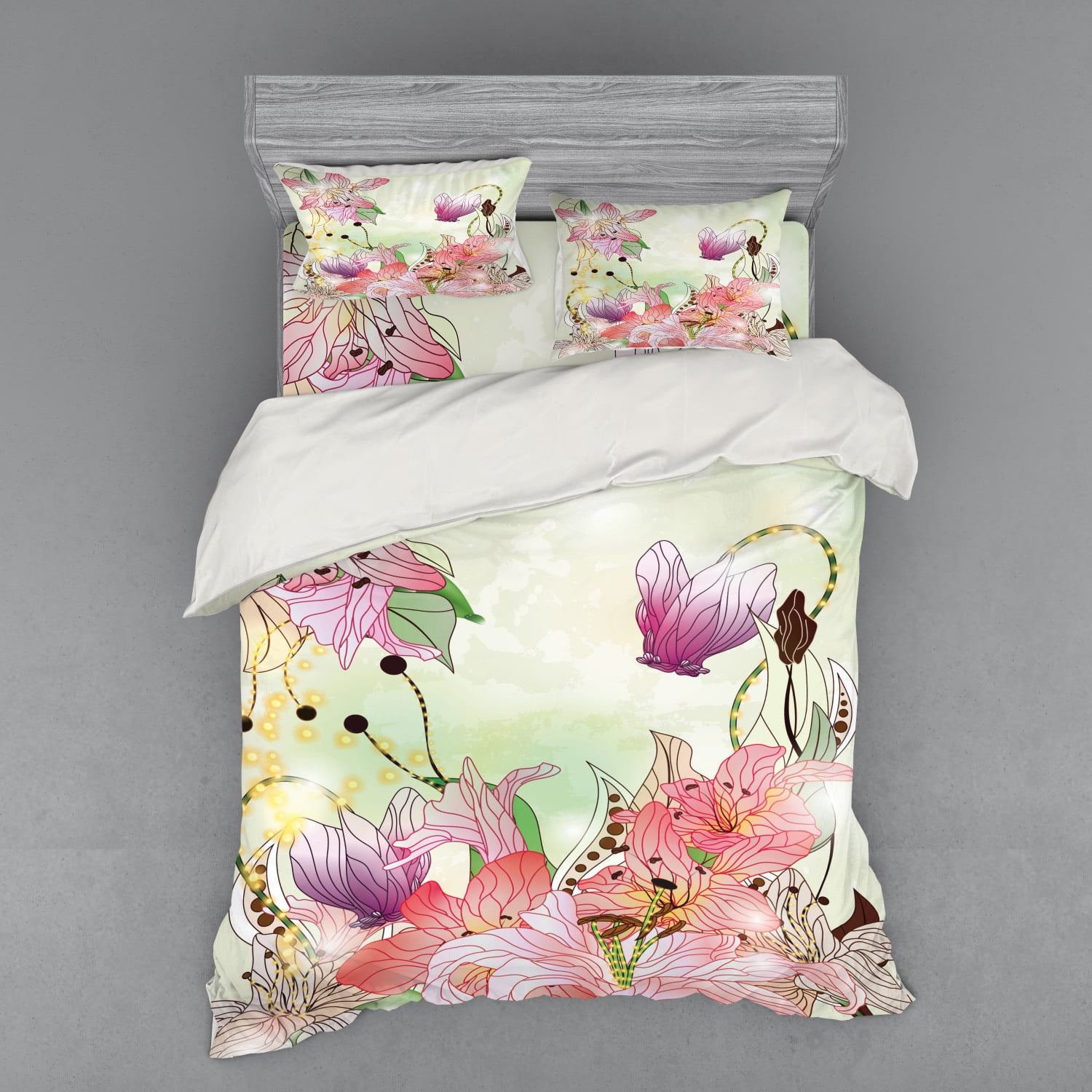 Floral Duvet Cover Set, Watercolor Abstract Romantic Nature Themed