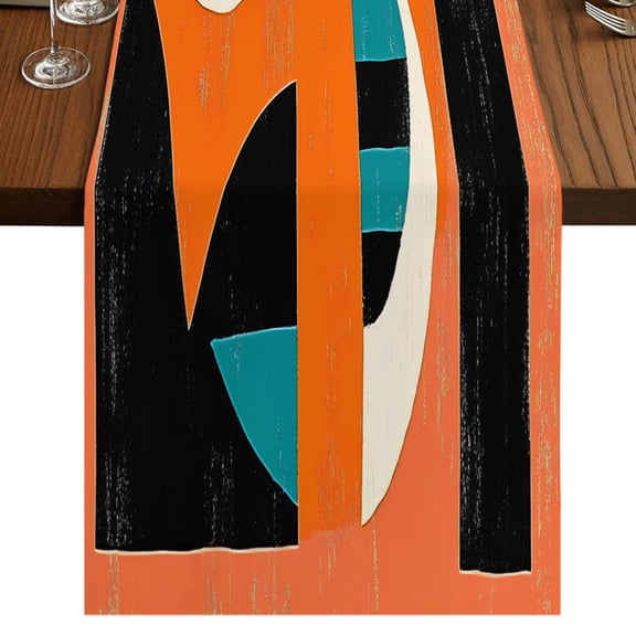 Orange Teal Black 36 Inch Table Runner, Modern Impressionist Geometric Farmhouse Dresser Scarf Cotton & Linen Tablerunner for Dining/Kitchen Island/Holiday Party Décor Small 13" x 36"