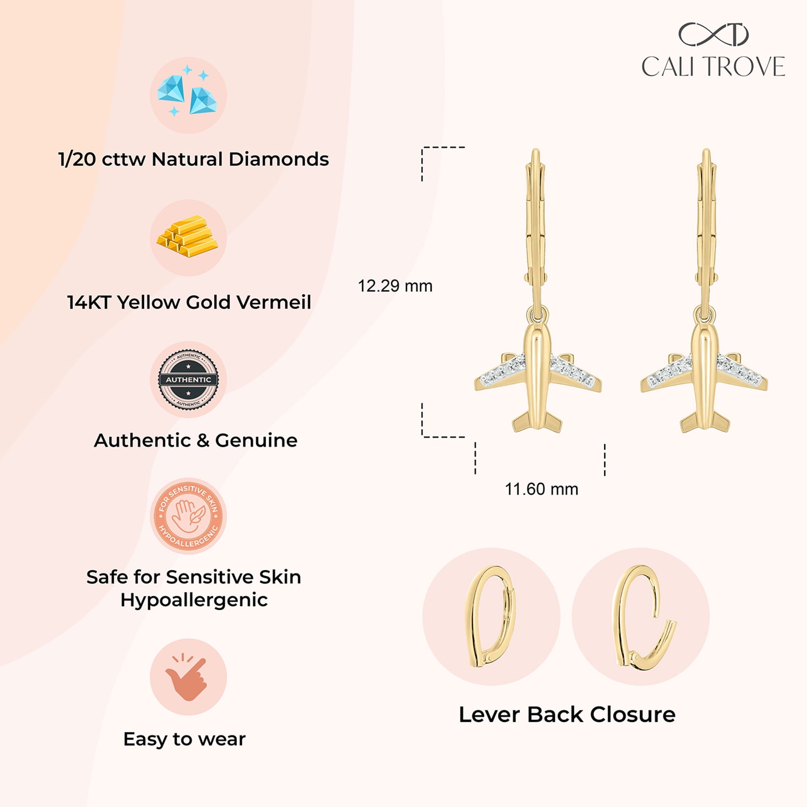 14K Yellow Gold Vermeil Diamond Airplane Dangle Earrings for Women, 1/20 Ct