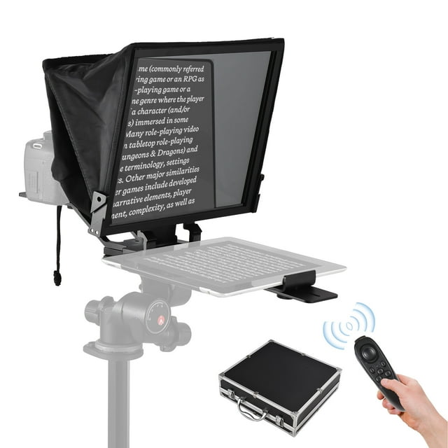 Portable Teleprompter 14-inche Universal Prompter with Dual Cold Shoe Mounts & 1/4in Threaded Hole with Remote Control & Carrying Case Compatible with Smartphone/ Tablet/ DSLR Camera for Interview