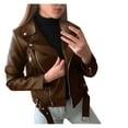 thumbnail image 2 of BYHONG Women Cool Leather Jacket Long Sleeve Zipper Fitted Coat Fall Short Jacket Jackets for Women Brown XL, 2 of 4