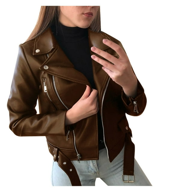 WEIYLL Womens Fleece Jackets Cool Leather Long Sleeve Zipper Fitted Short Brown Fall Tops Size 2XL