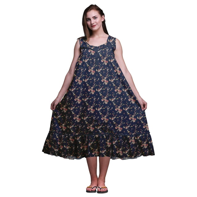 Bimba Chemises de Nuit en Coton Bleu Marine Foncé à Imprimé Feuilles et Fleurs pour Femmes, Robe Sans Manches, Tenue de Nuit, Robe Maxi, XX-Grand