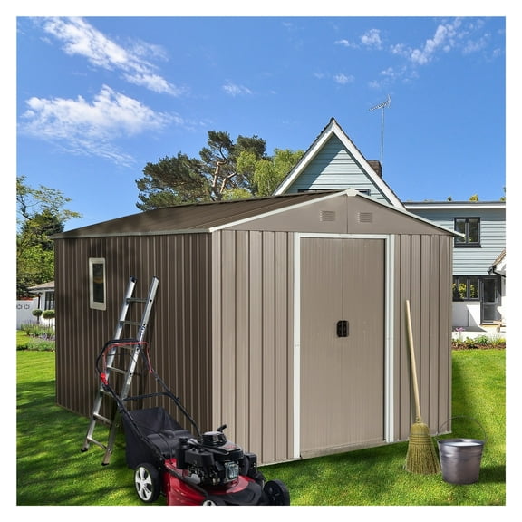 8ft x 10ft Outdoor Metal Storage Shed with Metal Foundation,with Window,Grey(W540S00017)